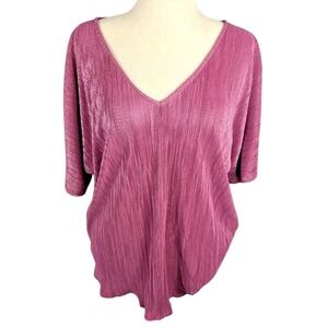 JM Collection Womens Plus Metallic Slit-Sleeve Pleated Top Size 3X Red Violet